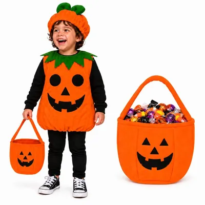 Produktbild von Kürbis Kostüm Kinder ab 3 Jahren – Halloween Kostüm mit Tragetasche