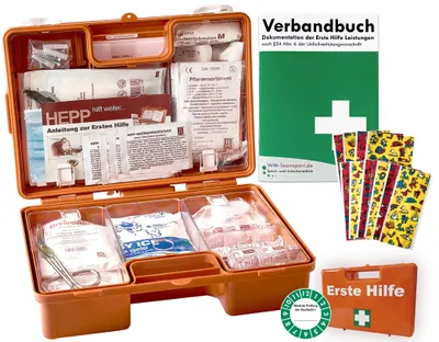 Produktbild von Erste-Hilfe-Koffer KITA INKL. 90° ARRETIERUNG + Hygiene-Ausstattung nach aktueller DIN 13157 für Betriebe + DIN 13164 für KFZ - mit Verbandbuch