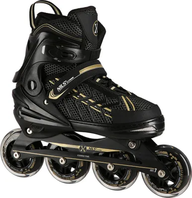 A black and gold inline skate is shown against a white background.