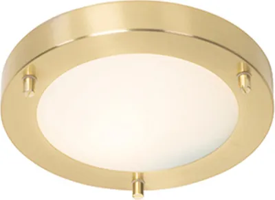A close-up studio shot of a modern, round, brass ceiling light with a frosted white diffuser.
