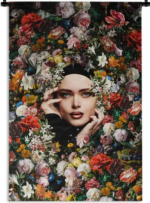 Produktbild von MuchoWow® Wandteppich Wandbehang Blume - Frauen - Porträt - Botanisch 90x135 cm Tapisserie Dekoration Wandtuch - Baumwolle - Wandskulptur