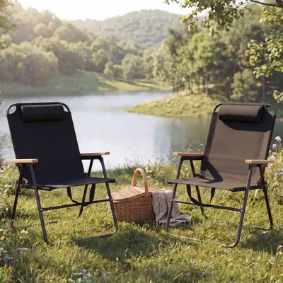 Produktbild von 2er-Set Campingstuhl HWC-Q44, Gartenstuhl Balkonstuhl Freizeitstuhl, klappbar verstellbar Outdoor Metall Stoff schwarz