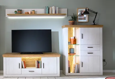 Produktbild von Modernes Wohnzimmer Anthrazit Wotan Eiche Lomadox Wohnzimmer Anthrazit – Modernes Highboard Mit Wotan Eiche, Inkl. LED-Beleuchtung Wohnzimmer Komplettset