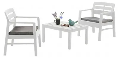 Produktbild von Outdoor-Lounge-Set Dalfier, Gartengarnitur mit 2 Sesseln und 1 Couchtisch, Innen- und Außensitzgruppe mit Kissen, 100 %  Italy, Weiß