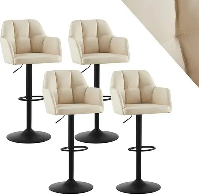 Image de Tabourets de bar en similicuir, réglables en hauteur et pivotants à 360°, avec dossier et repose-pieds. Structure métallique. Tabourets de bar rembourrés pour bar (similicuir beige, lot de 4)