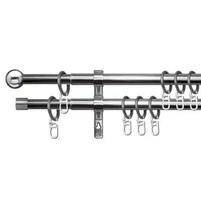 Obrázok produktu pre Dekoratívna záclonová tyč Formentor v nerezovom vzhľade, Ø 16 mm, 120–230 cm – kovová výsuvná záclonová tyč, kompletná sada vrátane príslušenstva, na záclony