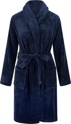 Zdjęcie produktu dla Unyqoos® Szlafrok uni z polaru, 100% polar, kołnierz typu "stójka" – granatowy, rozmiar XL/XXL, z kieszeniami i paskiem