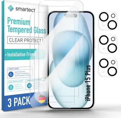 Produktbild von 3x Schutzglas Panzerfolie für iPhone 15 Plus Anbringhilfe + 3x Kameraschutz Glas