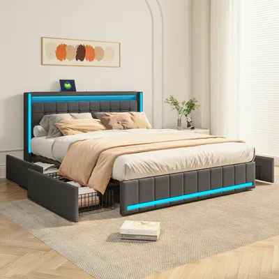 Obrázek produktu pro Postel 140x200 cm s LED osvětlením, USB porty, roštovou základnou a 4 zásuvkami, šedá barva