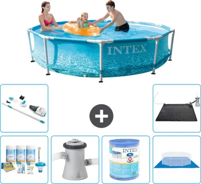 Immagine prodotto di Piscina Intex con struttura rotonda - 305 x 76 cm - pressione dell'acqua - pacchetto di manutenzione incluso - pompa filtro per piscina - filtro - copertura del terreno - aspirapolvere - tappeto solare