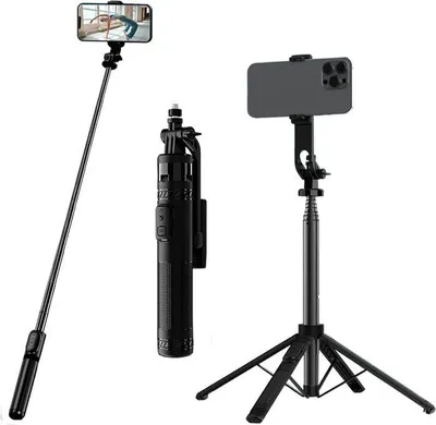 Produktbild von Smartphone-Stativ, Selfie-Stick-Vierfachstativ mit Bluetooth-Fernbedienung, ausziehbares, drehbares Selfie-Stick-Stativ aus Aluminium
