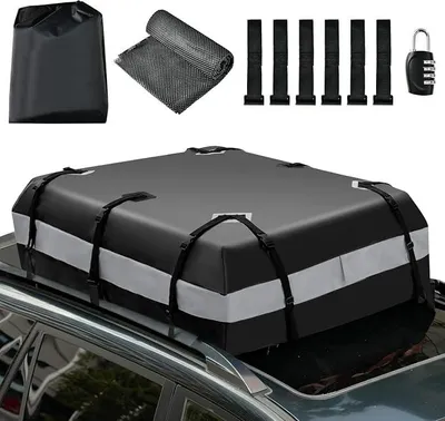 Produktbild von Dachbox mit Zahlenschloss für alle Fahrzeuge mit/ohne Gepäckträger, 420 L wasserdichter Dachkoffer mit 6 Türhaken & Anti-Rutsch-Matte & Tragetasche, Faltbare Gepäckbox