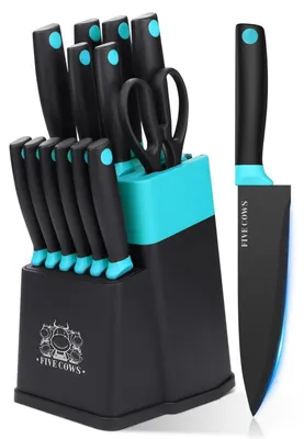 Image de Ensemble de couteaux de cuisine 14 pièces, comprenant un bloc auto-affûtant, des couteaux à steak et des ciseaux, noir et vert