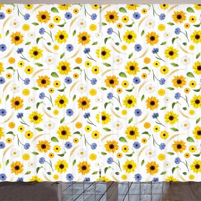 Zdjęcie produktu dla ARANDE Żółto-biała zasłona, motyw botaniczny na lato, kwitnące stokrotki, 280 x 175 cm, wielokolorowa