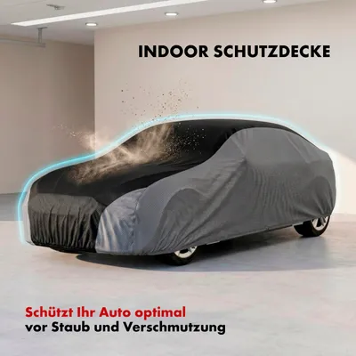 Produktbild von CarComfort Autoplane Indoor, atmungsaktive Autoabdeckung für Innenbereich, lackschonende Auto Abdeckplane / Autogarage mit Schaubschutz inkl. Beutel - SUV/VAN Größe 9: 460 - max. 489 cm Länge schwarz