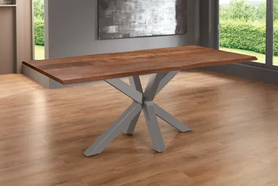 Produktbild von Refurbished Möbelretoure Esstisch Baumkante massiv Akazie nussbaum 220 x 100 Spider-Gestell silber SPYRO