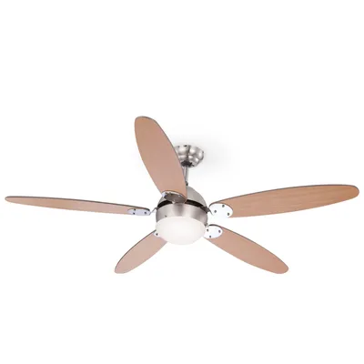 A modern ceiling fan with five wooden blades and a central light fixture, isolated on a white background.