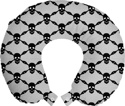 Produktbild von ABAKUHAUS gotisch Reisekissen Nackenstütze, Halloween Schwarzer Schädel, Schaumstoff Reiseartikel für Flugzeug und Auto, 30x30 cm, Schwarz-Weiss