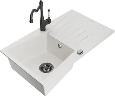 Produktbild von Mexen Cesar 1 Becken-Granitspüle mit Abtropffläche und Mischbatterie Carla, Weiß - 6514-20-670700-70