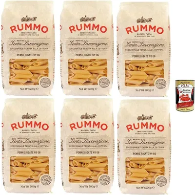 Produktbild von Rummo Penne rigate N. 66 Hartweizengrieß Pasta Italienische Nudeln 6x 500g Packung + Italian Gourmet Polpa di Pomodoro 400g Dose