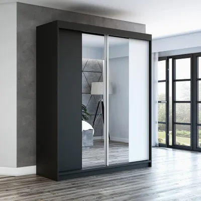 Produktbild von Schwebetürenschrank, 2-türig Schrank ELEGANZA 180 cm (mit Spiegel) Schwarz / schwarz / weiß