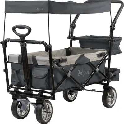 Produktbild von Zelsius Bollerwagen faltbar mit Dach, Grau, Transportwagen mit Gurtsystem, Strandbollerwagen