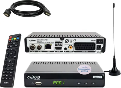 Produktbild von Comag DVB-T/T2 Receiver SL65T Bundle mit PVR, HDMI Kabel, passive Antenne, für freenet TV DVB-T2, 12V Anschluss für Camping & Wohnmobil, inkl. 3 Monate freenet TV Zugang