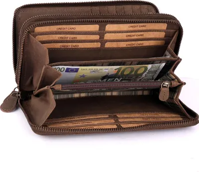 Produktbild von Benthill Damen Geldbörse Echt Leder XXL - Portemonnaie Groß mit RFID Schutz - Echtleder Vintage Damenbörse mit vielen Kartenfächer inkl. Geschenkbox