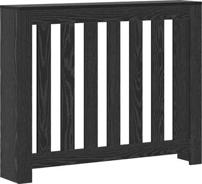 A black radiator cover with vertical slats.