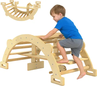 Produktbild von Montessori Klettergerüst - 2-in-1 Kletterbogen & Schaukelpferd - Für Kinder 2–4 Jahre - Holz - 110×52×45 cm - Naturholz