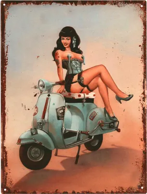 Produktbild von Moritz Deko Blechschild Burlesque Frau mit Roller Sexy Frau Metallschild Retro Vintage-Design zur Dekoration Wanddekoration