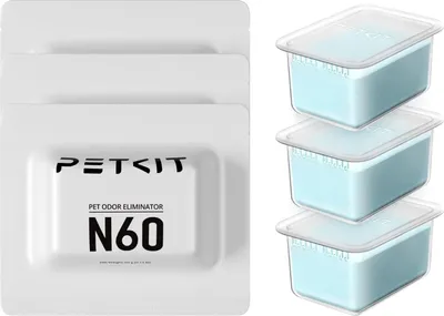 A product shot showing packaging for pet odor eliminators and three containers of the product.