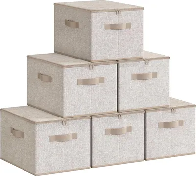 Imagen del producto de Cajas de almacenamiento con tapa - Juego de 6 - Plegables - Tejido - Beige arena