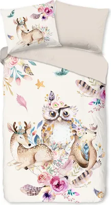 A flat lay of a duvet cover and pillowcase with a woodland animal theme.