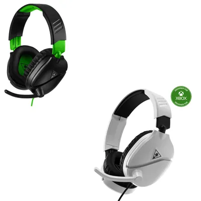 Two gaming headsets, one black and green, the other white, are displayed against a white background. A green circular badge with the Xbox logo and text is visible next to the white headset.