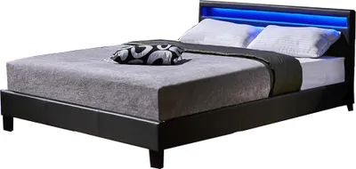 A modern bed with a black frame and a blue LED light strip on the headboard.