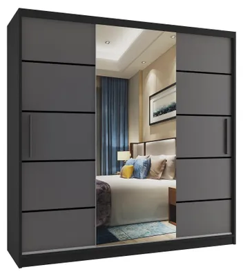 Image de BELINI Verona : Armoire coulissante de 200 cm, noire/grise mat. Armoire avec miroir et 4 tiroirs, idéale pour la chambre