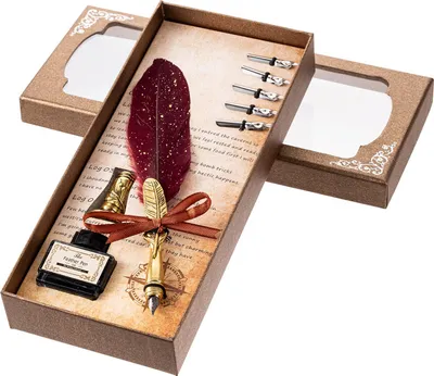 Produktbild von Federkiel- und Tintenset, Retro-Feder-Dip, Vintage-Kalligraphie-Schreibunterschrift mit 5 Ersatzspitzenhaltern in Geschenkbox für handschriftliche Stu