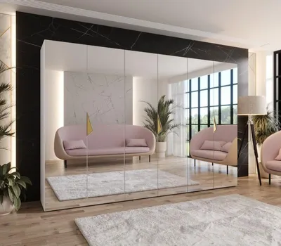 Obrázek produktu pro Velká zrcadlová skříň 300 cm AMARIS 3 - bílá / zlaté úchyty