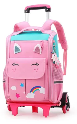 Image de Sac à dos à roulettes pour filles, rose, avec 6 roulettes, taille 16 pouces, dimensions : 32 x 17 x 40 cm