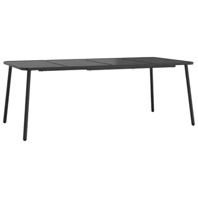 A dark grey metal garden table with four legs, shown from a side-front angle against a white background.