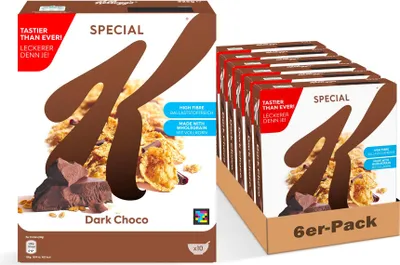 Produktbild von Kellogg’s Special K Dark Choco (6 x 325 g) – knusprige Mehrkorn-Flakes mit Schokoladenstücken – ballaststoffreiche Frühstückscerealien – purer Genuss ohne künstliche Farb- und Aromastoffe