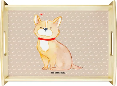 Produktbild von Mr. & Mrs. Panda Serviertablett Hund Glück - Hundeglück - Geschenk, Corgie, Servier Tablett, Spruch, Herz, für bett, Sprüche, holz, Liebe, Dekotablett