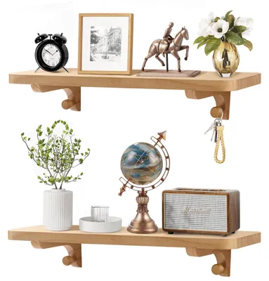 Image de Étagère murale, 57,5 cm, lot de 2, étagère suspendue, étagère murale, étagère flottante, bois de pin massif, tablette, étagère murale, étagère murale en bois pour chambre à coucher, salon, cuisine, salle de bains – Naturel