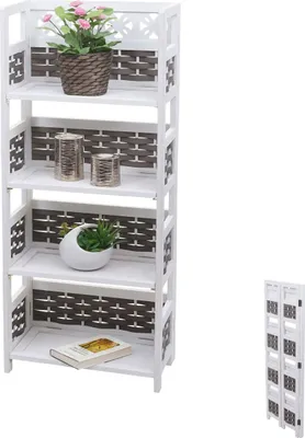 A white shelving unit with decorative woven panels on each shelf, displaying a plant, decorative cylinders, and a book.