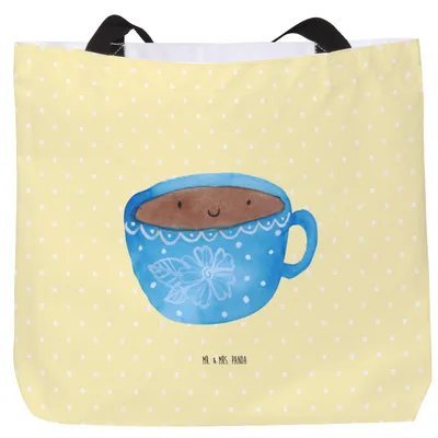 Produktbild von Mr. & Mrs. Panda Strandtasche Kaffee Tasse - Gelb Pastell - Geschenk, Glücklich, Tasche, Reisetasche, Lustige Sprüche, Tragetasche, Geschmack, Genuss, Liebe, Schultasche