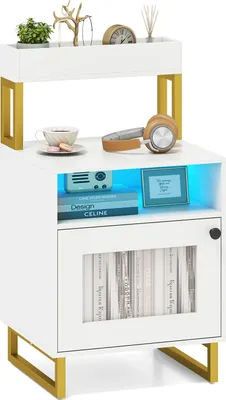 Zdjęcie produktu dla COSTWAY 1 szt. Stolik nocny z LED, szafka nocna z górną tacą, otwartą przegrodą, szafką i drzwiczkami, biały