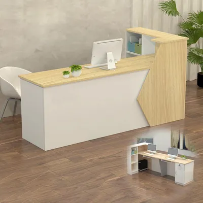 Image de Comptoir de réception, comptoir d'accueil, guichet de en bois avec espace de rangement, dimensions 280x60x100 cm, couleur bois blanc