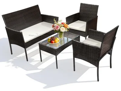 Produktbild von Vigevee Gartenmöbel Set 4-teilig Polyrattan Sitzgruppe mit 2 Sesseln, 2-Sitzer Sofa und Glastisch, Braun