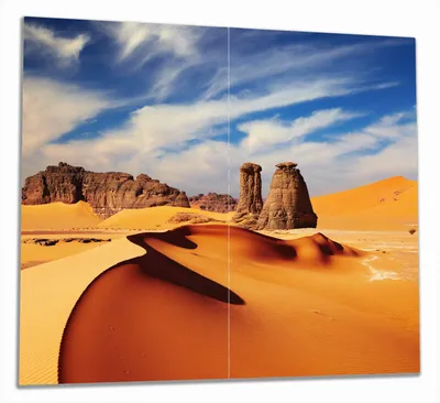 Produktbild von Wallario Herdabdeckplatte aus Glas, Größe 60 x 52 cm 2-teilig, Motiv Felsen und Sand in der Sahara Wüste
